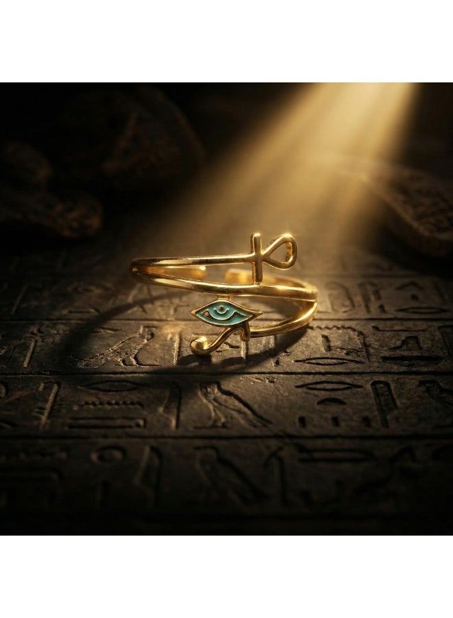 Shein 316 Stainless Steel Ankh & Eye of Horus Spiral Ring – Free Size – Gold Egyptian Protection Symbol – Anti‑Rust & Anti‑Fade - Image 3